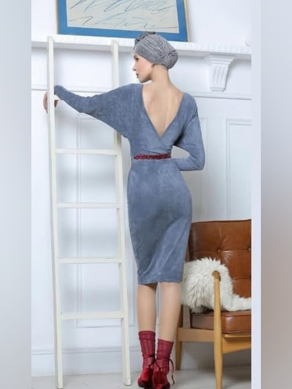 Women's Slate Gray V Dress with Deep V-Back